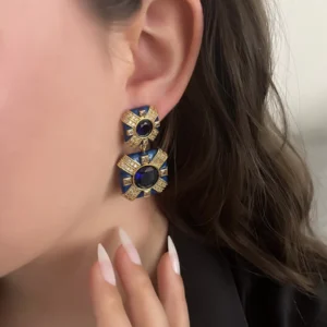 Mavi Mineli Gold Küpe